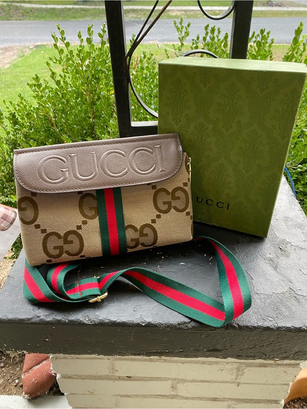 NOT AUTHENTIC GUCCI  Beige GG Canvas Crossbody with Brown Leather Trim and Green